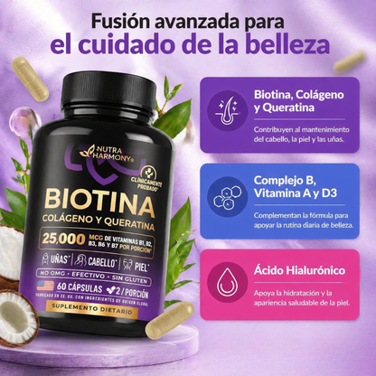 Hair Glow Plus - Biotina, Colágeno y Keratina