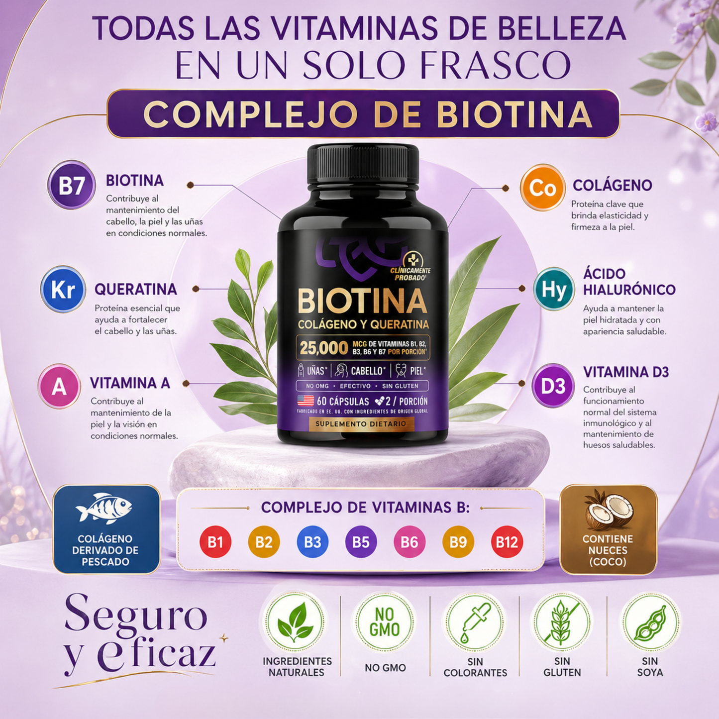 Hair Glow Plus - Biotina, Colágeno y Keratina