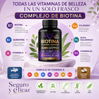 Hair Glow Plus - Biotina, Colágeno y Keratina