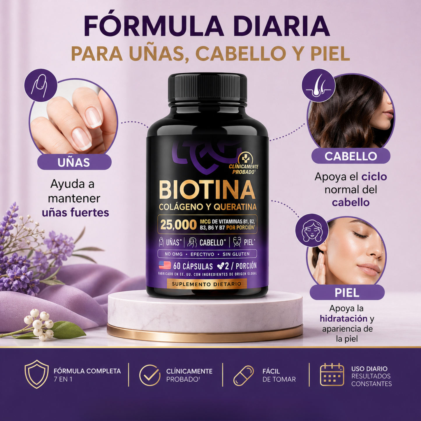 Hair Glow Plus - Biotina, Colágeno y Keratina